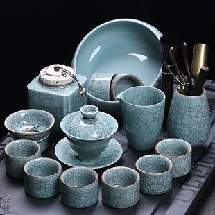 家用茶盘功夫茶杯办公室会客轻奢高档整套陶瓷泡茶壶 哥窑茶具套装