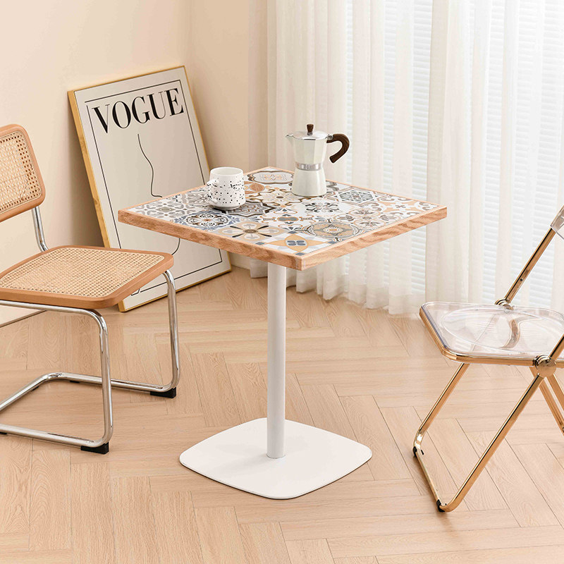花砖实木围边餐桌家用小户型奶茶咖啡店阳台休闲会客洽谈四方桌子