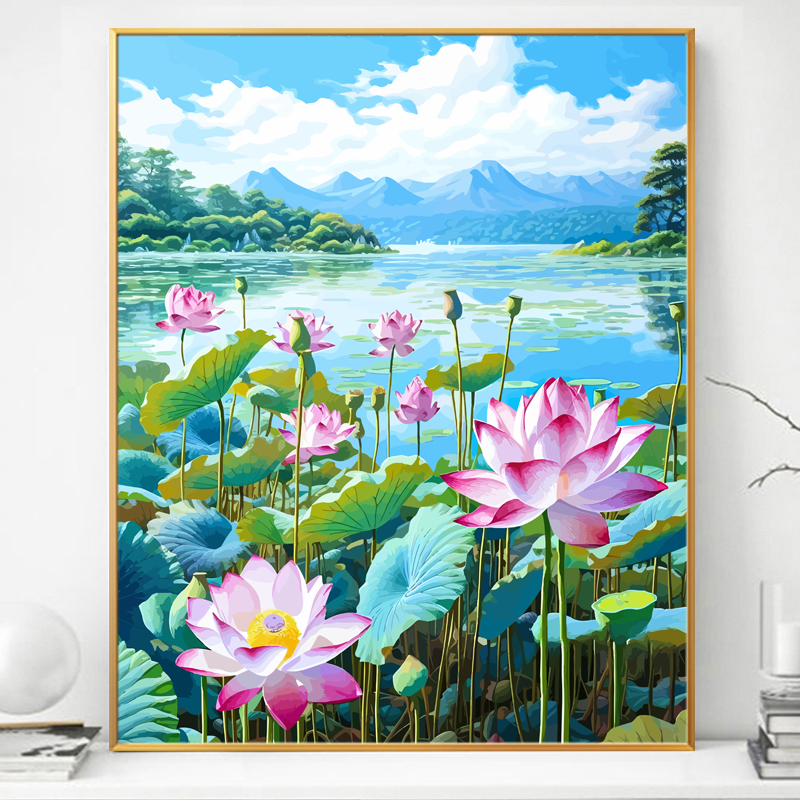 青莲荷花画画diy数字油画填充填色手绘手工丙烯解闷油彩画装饰画图片