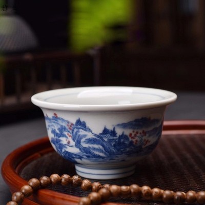 永乐青花压手杯缠枝莲釉里红主人杯复古单杯茶具品茗杯茶杯礼品