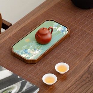 国风瓷板画茶盘家用干泡盘壶承小型茶托盘功夫茶具茶海竹制茶台