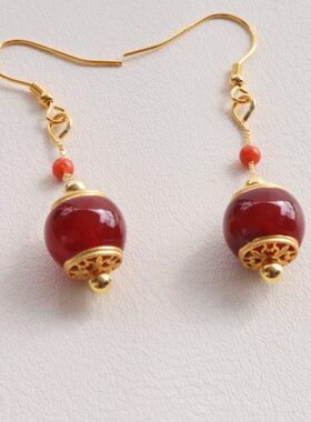 民族风旗袍S9耳线南红银饰配气喜红色25民族简约灯笼耳环耳饰服饰