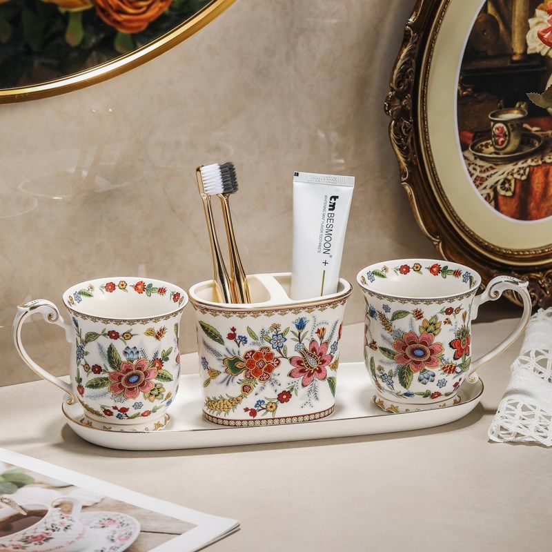 法式复古繁花骨瓷漱口杯卫生间刷牙杯子家用高档牙具洗漱杯套装,家庭/个人清洁工具,洗漱杯,淘宝优惠券,粉丝福利购,淘宝优惠卷