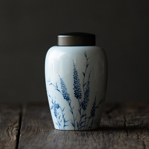 纯手绘芦苇草茶叶罐古青釉铝盖密封罐陶瓷防潮罐家用茶叶储存罐子