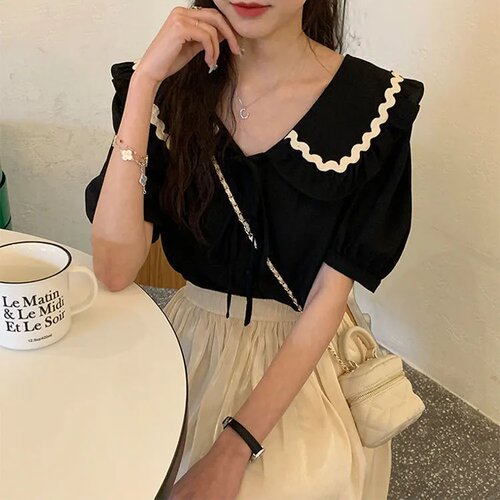 特大码娃娃领系带短袖衬衫女夏季新款胖mm300新款宽松小众别致上