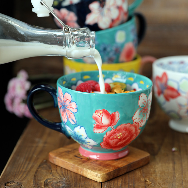 朗汀创意欧美风手绘早餐杯燕麦杯大容量陶瓷咖啡杯釉下彩甜品杯子