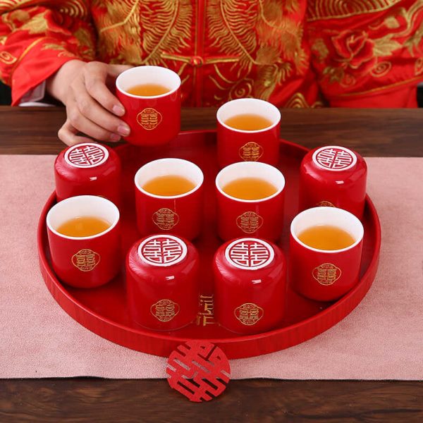 中式结婚改口敬茶杯陶瓷红色敬酒杯子陪嫁功夫品茗杯婚庆用品托盘