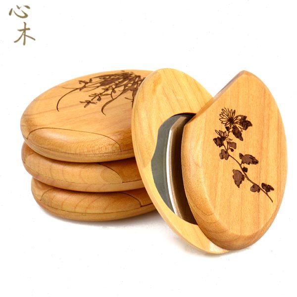 心木木质随身化妆镜创意小圆镜便携带迷你简约高清美容镜折叠镜子
