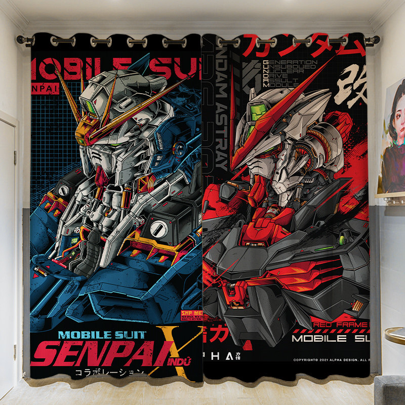 卡通高达机器定制长帘粗麻-RX-178MK卧室客厅挂钩遮光打孔窗帘布