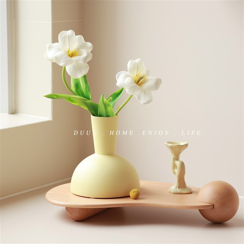 奶油淡黄色干花插花陶瓷花瓶客厅餐桌民宿简约创意样板房装饰摆件