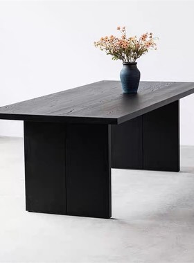 现代极简实木黑色办公桌诧寂风原木洽谈桌长方形会议桌客厅工作台