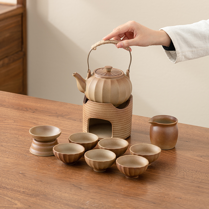 柴烧围炉煮茶壶温茶提梁侧把壶复古手提粗陶茶具套装水壶中式泡茶