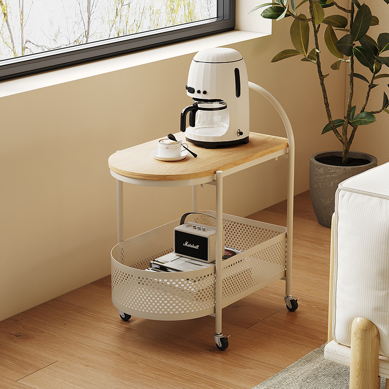 带轮可移动沙发边几客厅小茶几卧室奶油原木风床头铁艺简易小推车