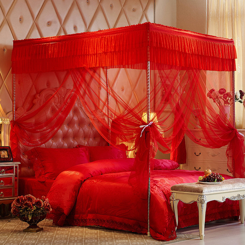 婚庆蚊帐1.8m双人床大红色加厚加密三开门宫廷落地2米帐子结婚