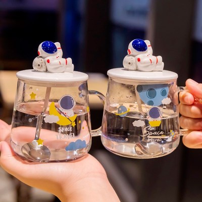 儿童星空玻璃杯小孩喝水男孩宇航员水杯男童家用带盖耐高温的杯子