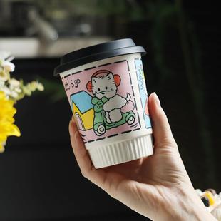 手绘卡通可爱景德镇陶瓷带盖子马克杯猫咪咖啡杯牛奶可乐杯手握杯