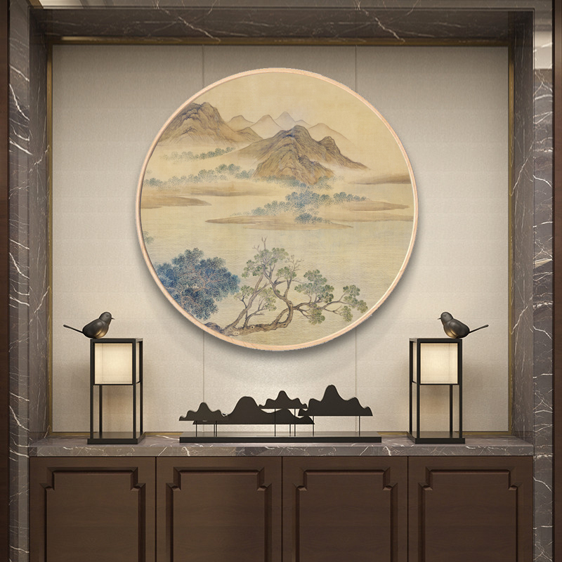 新中式实木圆形水墨山水花鸟国画玄关装饰画客厅背景挂画餐厅壁画