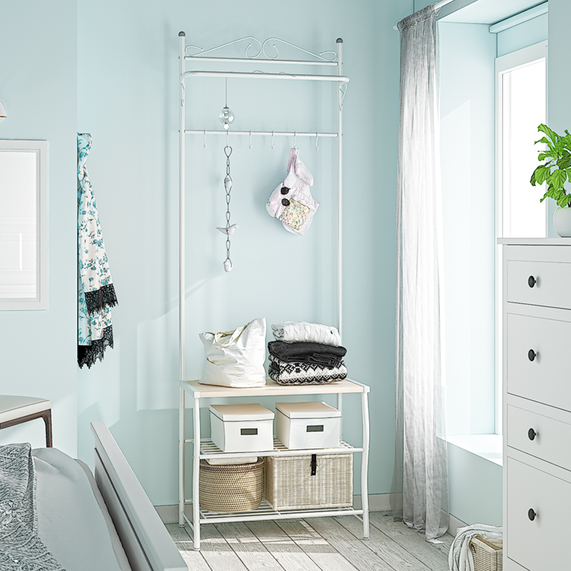 简易门厅柜卧室挂包落地挂衣架铁艺玄关衣帽架鞋架组合换鞋凳2607