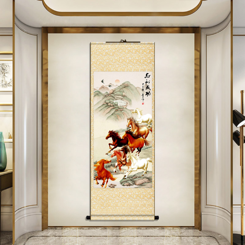 徐悲鸿马图马到成功骏马办公室字画客厅装饰画国画卷轴玄关八骏图