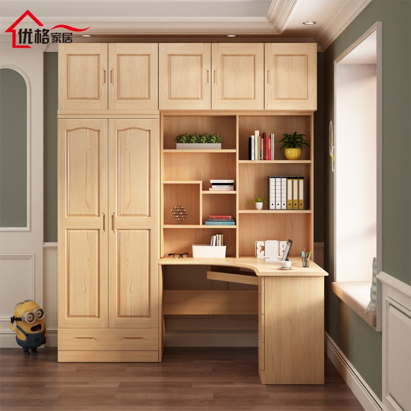 实木松木白色转角书桌衣柜一体组合拐弯书架加顶柜儿童写字桌新款