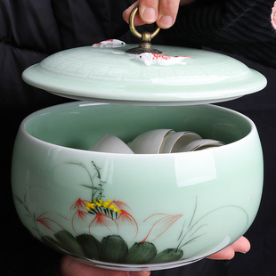 建水洗茶杯盆 大号茶洗碗茶渣缸带盖客厅家用青瓷手绘水盂笔洗中式