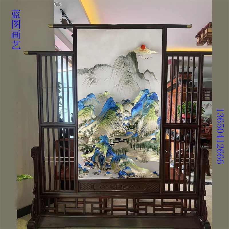 定制半透明纱布画双面刺绣苏绣屏风花格入户玄关实木金属千里江山