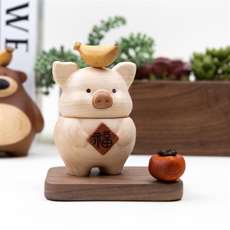 猪柿皆宜牙签盒实木牙签罐创意可爱木质桌面摆件乔迁礼品桌面收纳
