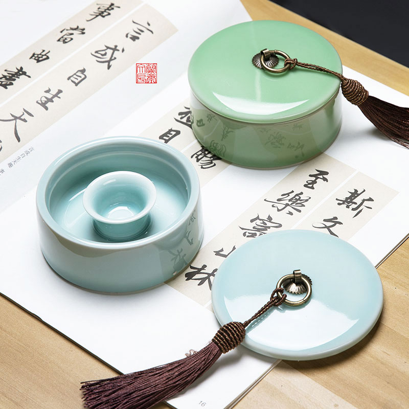 兰斋多功能陶瓷带盖墨碟火锅砚台双圈保湿防蒸发不干墨砚台文房四