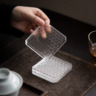 茶碟日式玻璃杯茶杯底座隔热杯托垫四方茶具配件小浪纹海茶托防滑