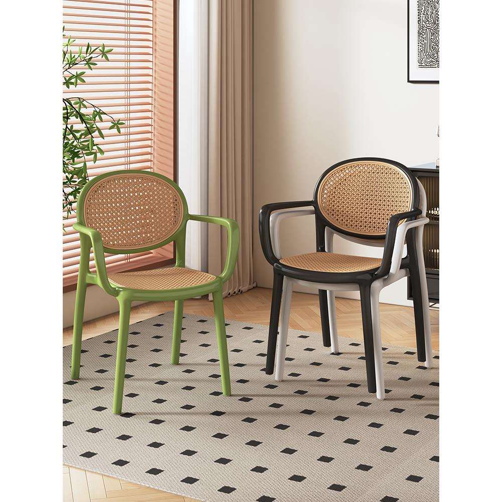 cs塑料藤编椅子靠背椅家用加厚餐椅中古仿实木餐桌凳子吃饭户外商