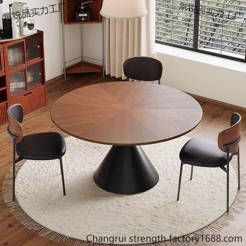 法式复古实木餐桌家用古风小户型复古风胡桃木圆形圆桌餐桌椅组合