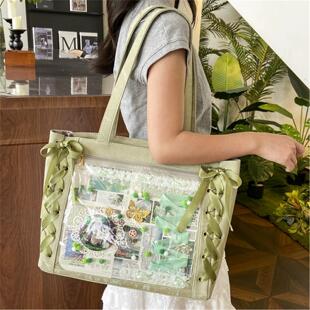 丝带痛包大容量绿色系大食量二次元谷子包包原创日常单肩托特青色