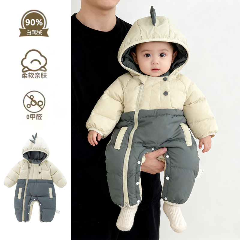 婴儿冬季羽绒连体衣男宝宝加绒加厚连帽白鸭绒哈衣宝宝保暖外出服