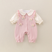 婴儿衣服春季 小月龄宝宝假两件百满月百天可爱爬服 连体衣2026新款