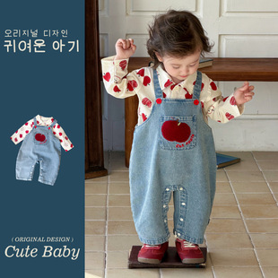 男宝宝牛仔背带裤春装新款婴儿裤子儿童休闲裤卡通衬衫套装春秋款