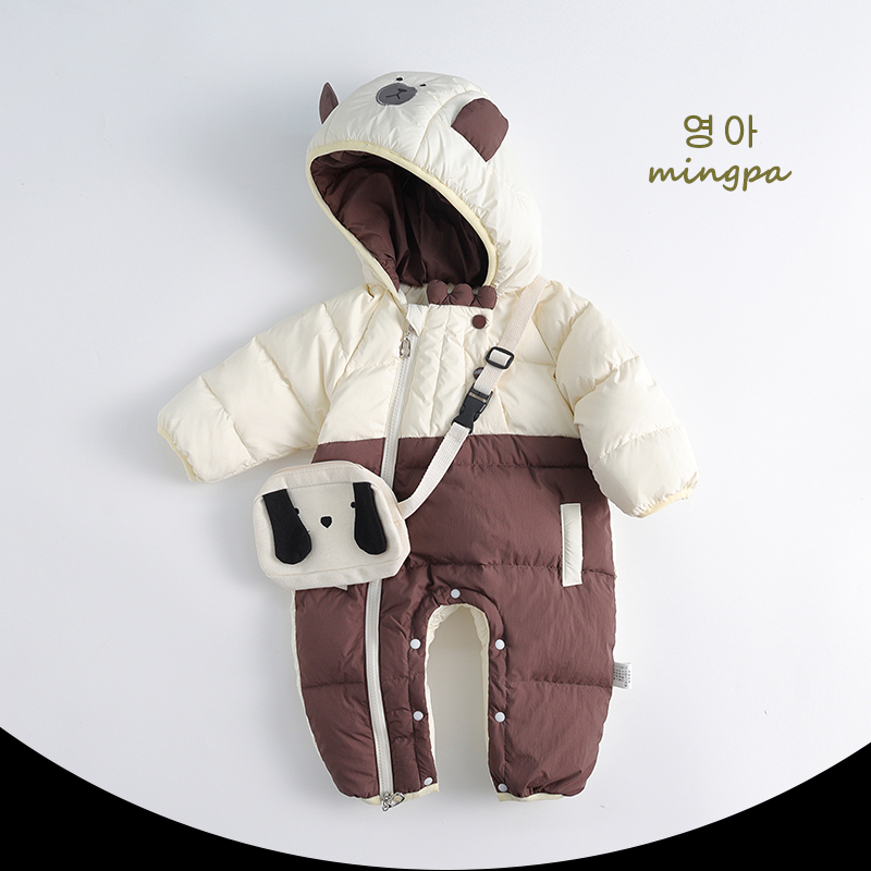 婴儿冬季羽绒服连体衣新生儿冬款加绒加厚白鸭绒外出爬服卡通哈衣
