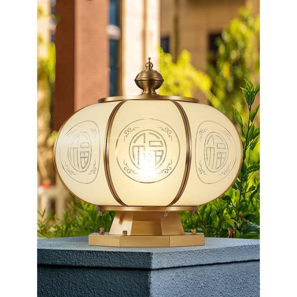 全铜太阳能柱灯新型中式圆形户外防水家居别墅庭院大门墙柱灯