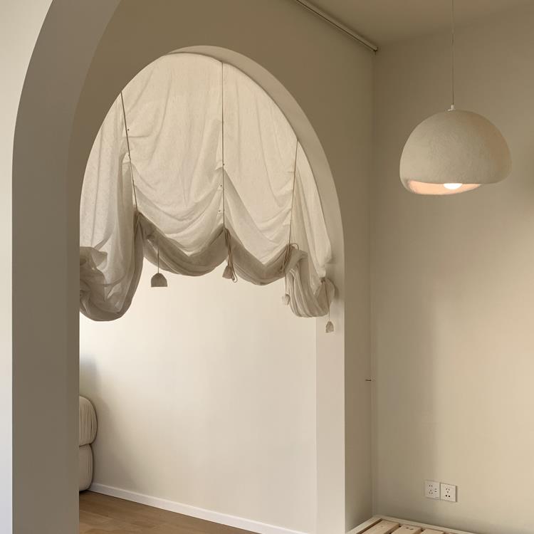 日式亚麻提拉帘弧形拱形门帘复古升降罗马帘魔术贴达尔文系带隔断