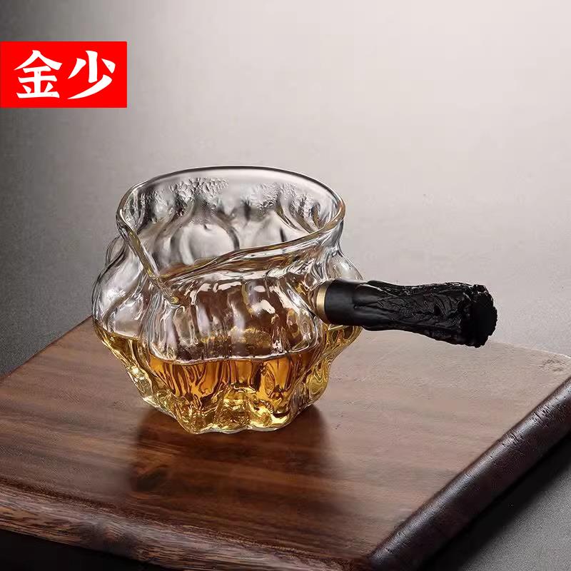 侧把玻璃公道杯核桃带手柄黑把锤纹茶海透明仿古加厚耐热茶叶茶杯
