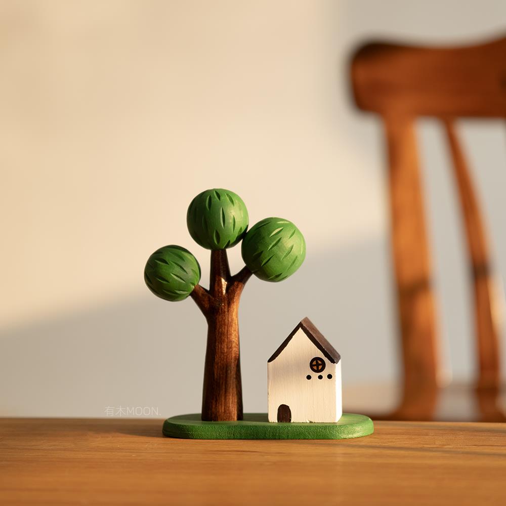 一棵树 生命力 绿树粉树木雕装饰品搭配可爱治愈木制品纯手工