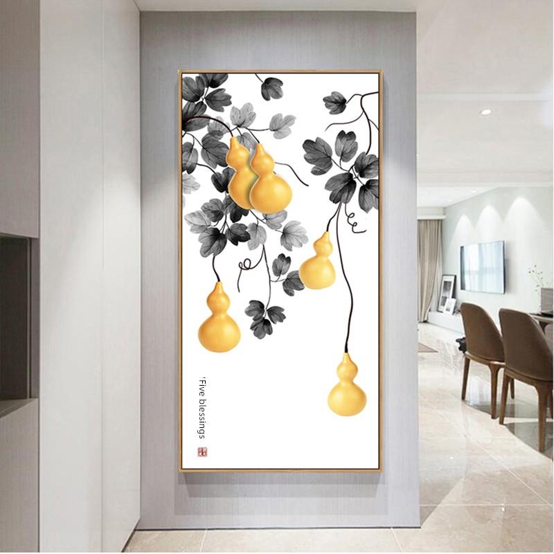 五福临门新中式进门玄关装饰画竖版走廊尽头过道挂画客厅壁画餐厅