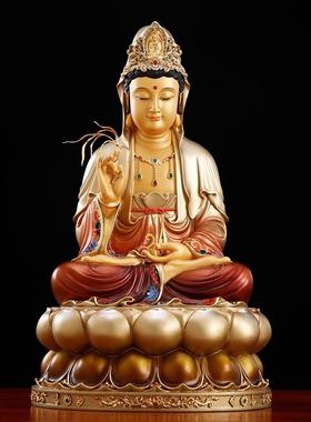 纯铜彩绘观音菩萨家拜坐莲观音佛像观音神话三圣铜像饰品