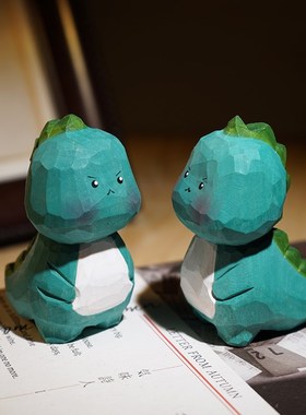 萌萌小恐龙手工木雕小摆件公仔可爱木质雕刻治愈系卡通书桌装饰品