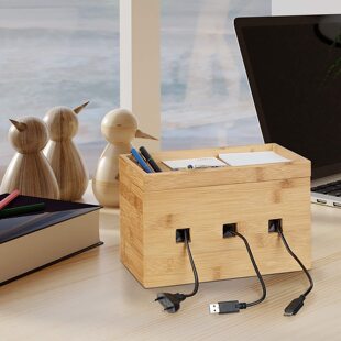 竹制路由器收纳盒办公无线电源木质插排收纳盒居家桌面实木集线盒