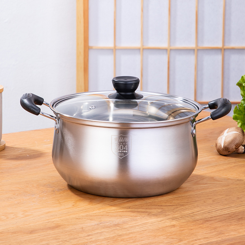 304不锈钢汤锅泡面锅双耳加厚小奶锅玻璃盖蒸锅礼品锅具