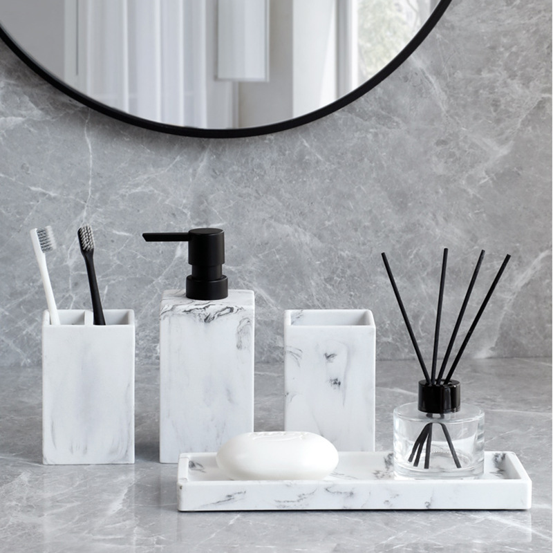 浴室台面方形大理石四件套洗漱收纳瓶牙杯香薰托盘乳液瓶