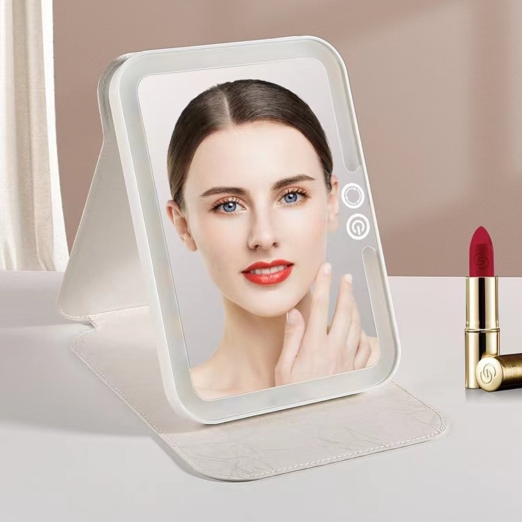 跨境充电款三色灯光LED化妆镜带灯 方形皮革便携折叠旅行补光镜