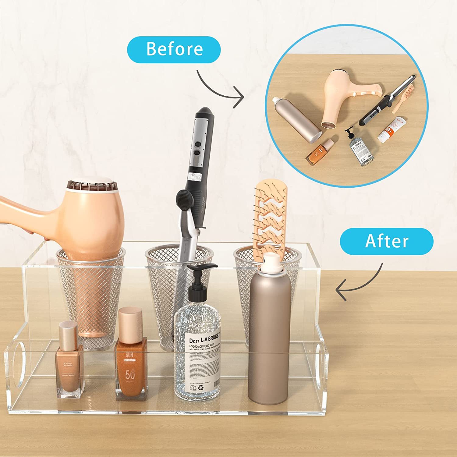 美发工具收纳盒,亚克力*工具架台面吹风机支架,带 3 个杯子