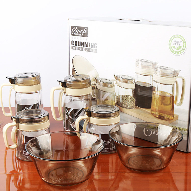 玻璃油壶调味罐茶色沙拉碗六件套创意厨宝大礼包开业活动礼品套装