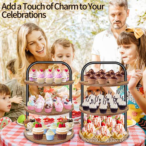 跨境热销木制纸杯蛋糕架3层甜点桌分层服务托盘农舍装饰展示架